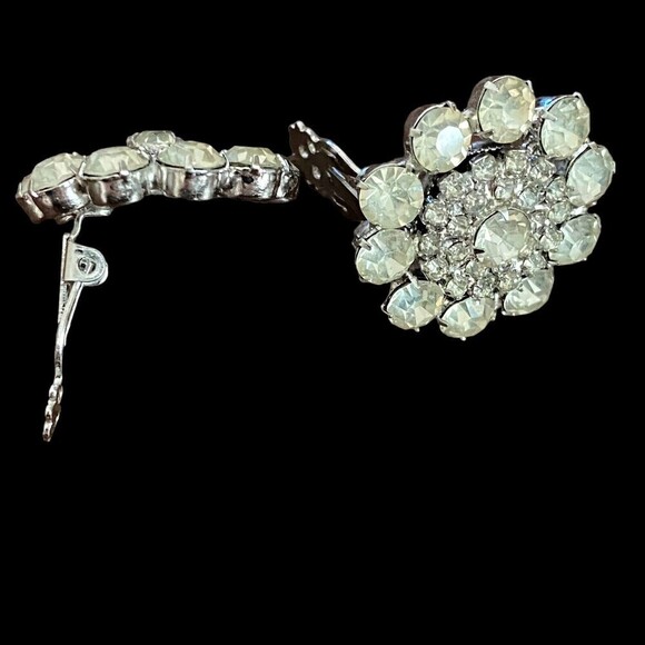 Vintage Clear Rhinestone Cluster Flower Silver Tone Clip Earrings Prong Set - Picture 4 of 5